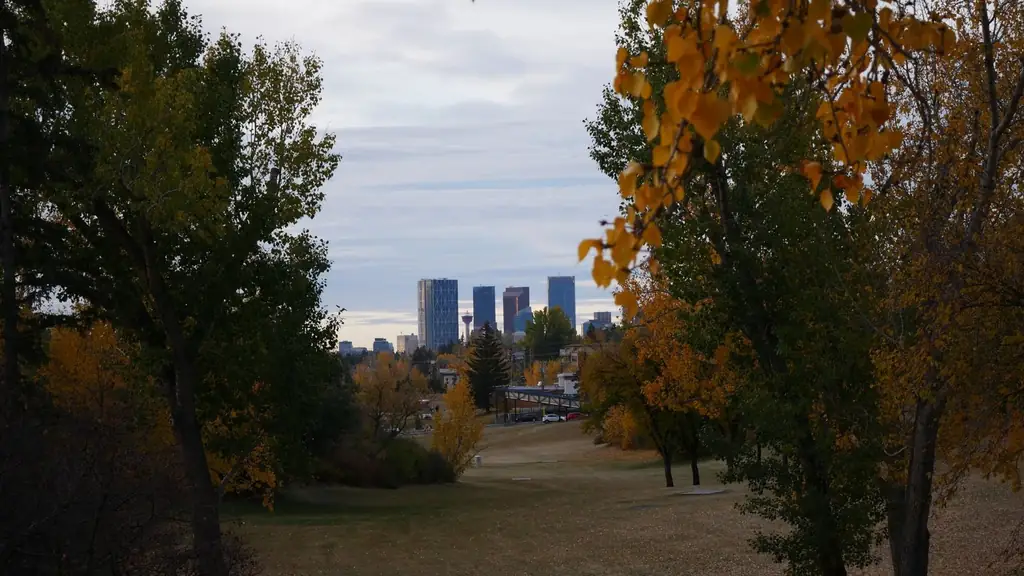 Scenic autumn view of Calgary's downtown skyline surrounded by vibrant fall foliage