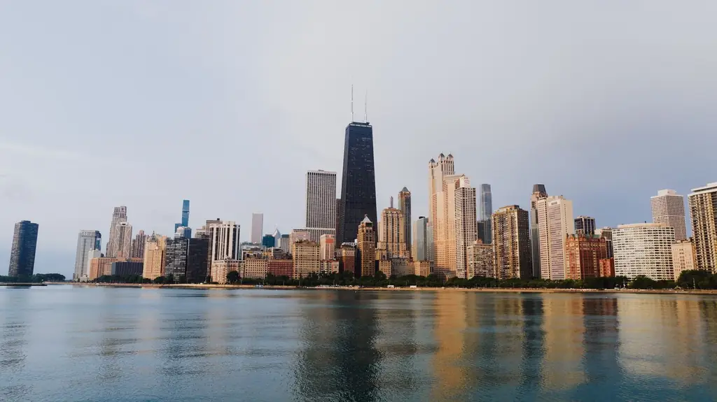 Stunning view of Chicago's skyline with calm waterfront reflections under a clear sky