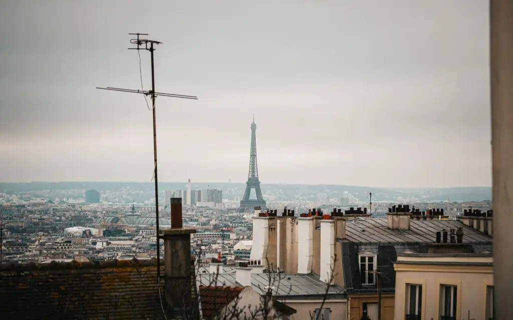 A panoramic view of Paris skyline featuring the Eiffel Tower during winter, showcasing iconic rooftops