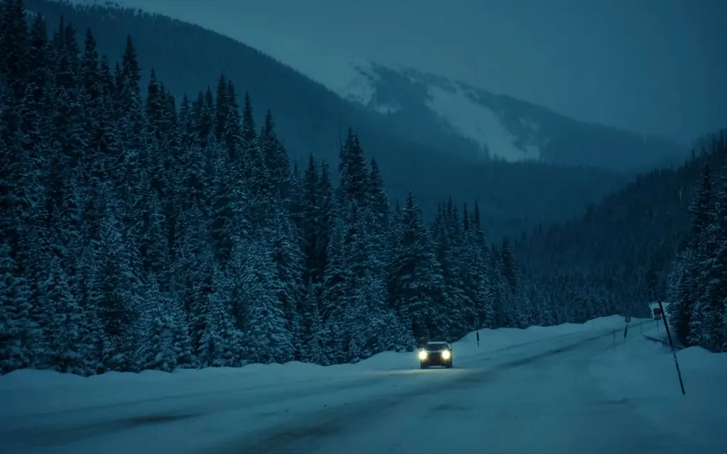 Car headlights on a snowy forest road